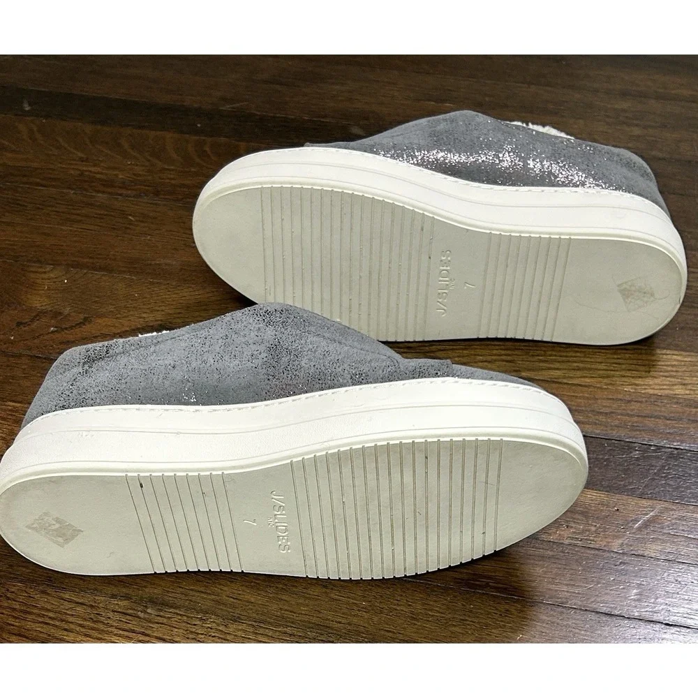 J/Slides Nada platform sneakers feature a pewter metallic suede upper Size 7